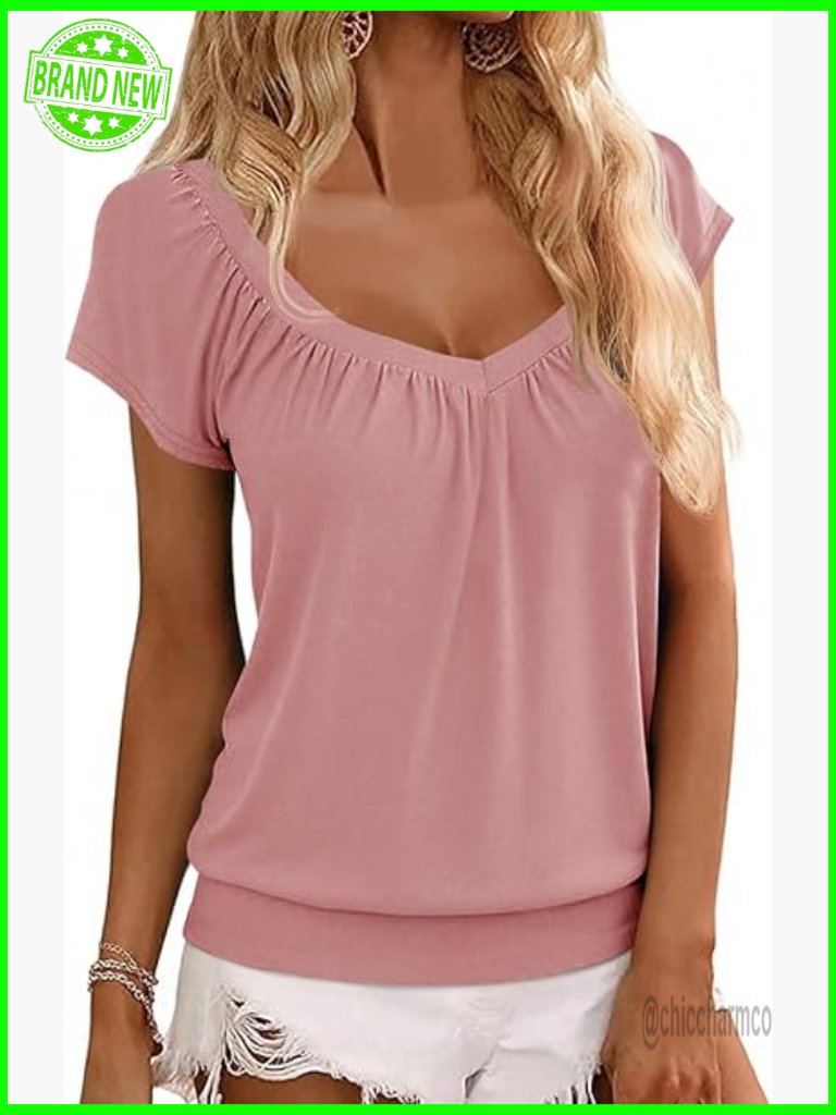 V-Neck Cap Sleeve T-Shirt Loose Fit Banded Bottom Summer Casual Top